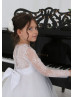 Long Sleeve White Lace Tulle Buttons Back Flower Girl Dress